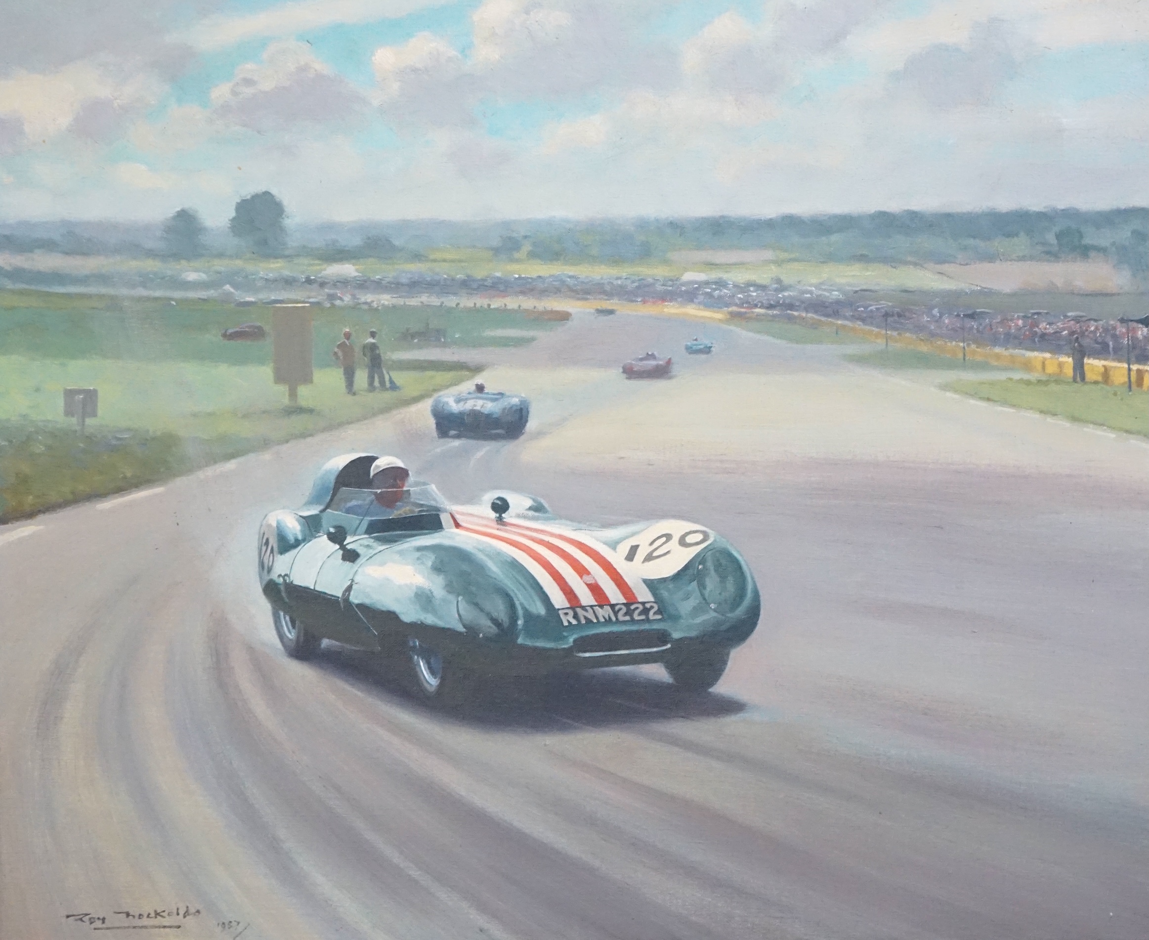 Roy Nockolds (English, 1911-1979), 1957 Goodwood Chichester Cup motor racing scene with Lotus Climax 11 driven by David Piper, oil on canvas, 50 x 60cm